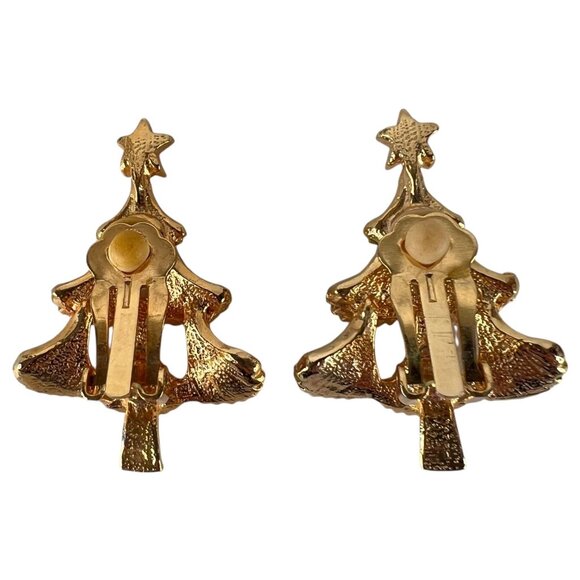 New Vintage Avante Christmas Tree Clip On Earrings Rhinestones Gold Tone Holiday - Picture 3 of 5